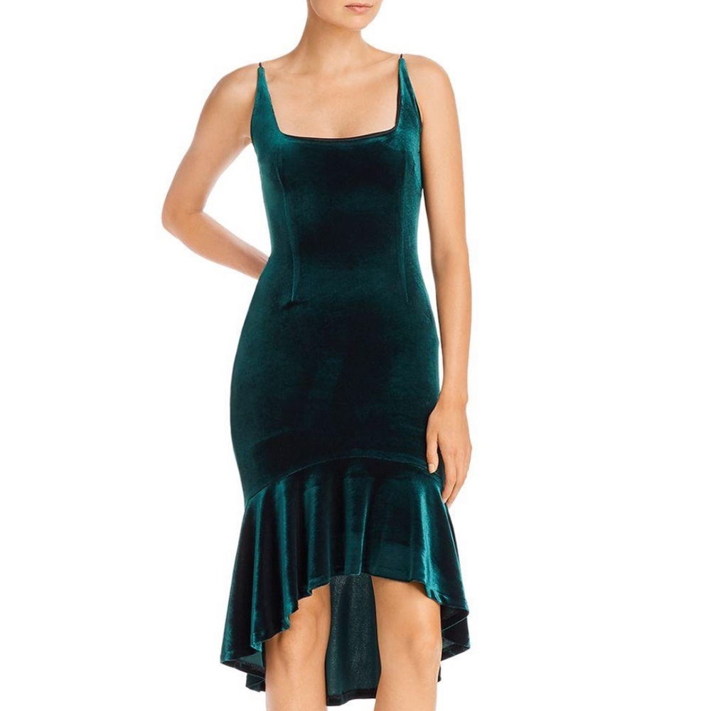 Aqua Velvet Trumpet Square Neck Spaghetti Womens Size XS Emerald Hi-Lo Dress